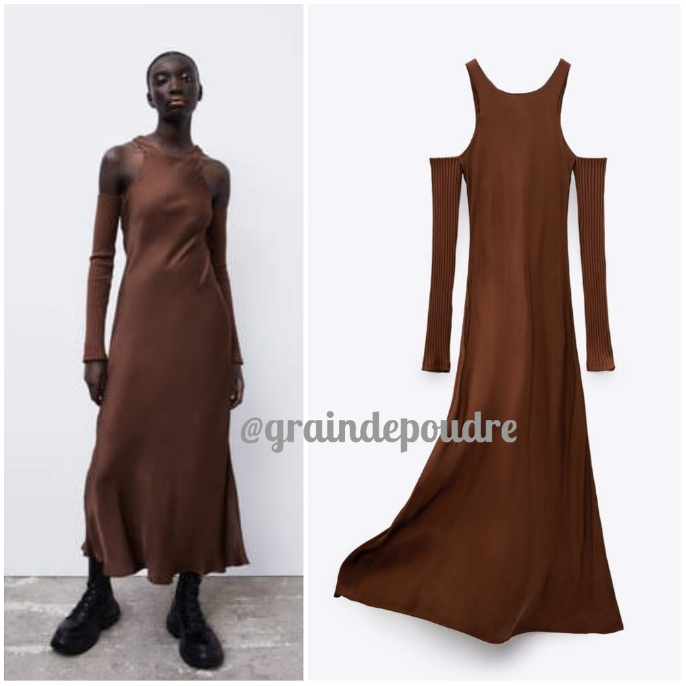 Rare! Zara Brown Satin Cold Shoulder Knit Sleeves Tank Dress XS